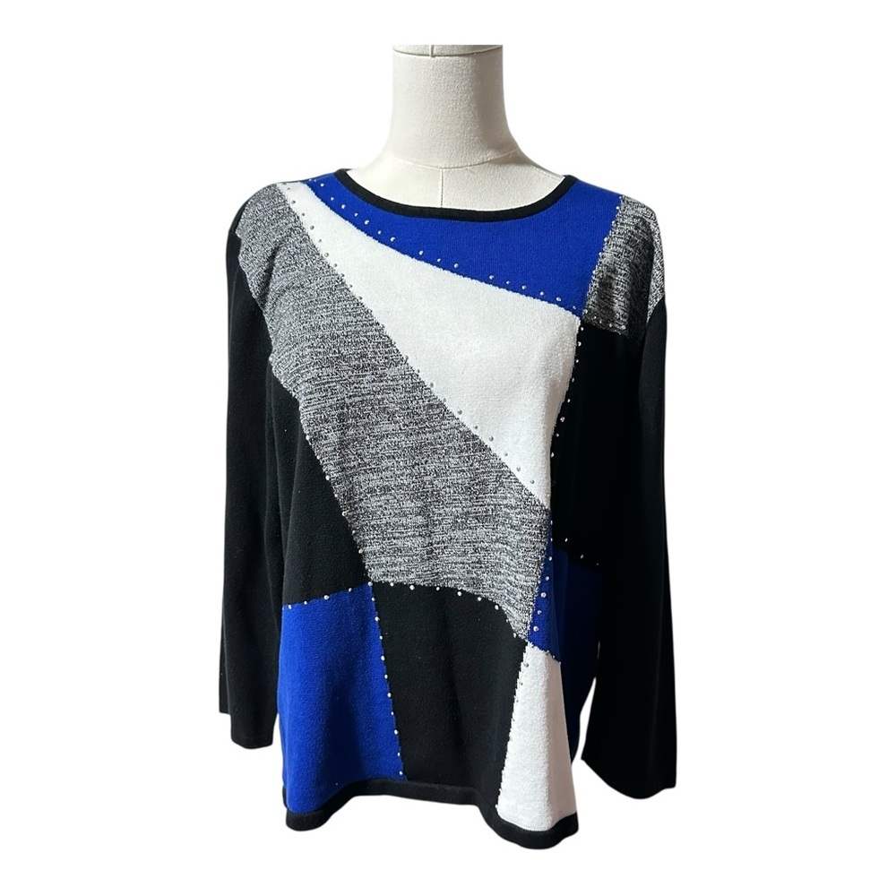Alfred Dunner Geometric Colorblock Embellished Sweater Top – Size L